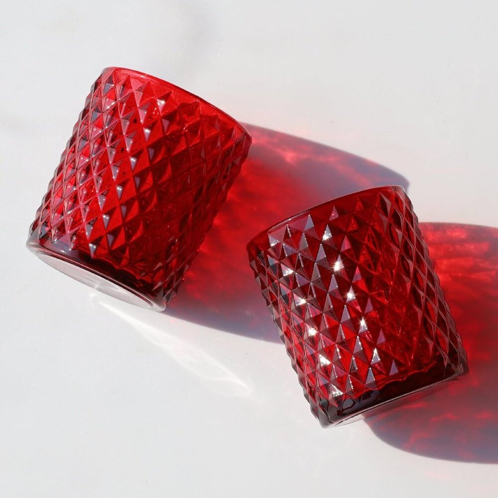 Red Votive Candle Holders Bulk Set of 12, Glass Tea Lights Candle Holder for Wed - Picture 4 of 9